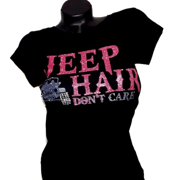Jeep Hair Don't Care Fitted Tee with Pink Lettering ~ Swark. Crystals. - Picture 2 of 6